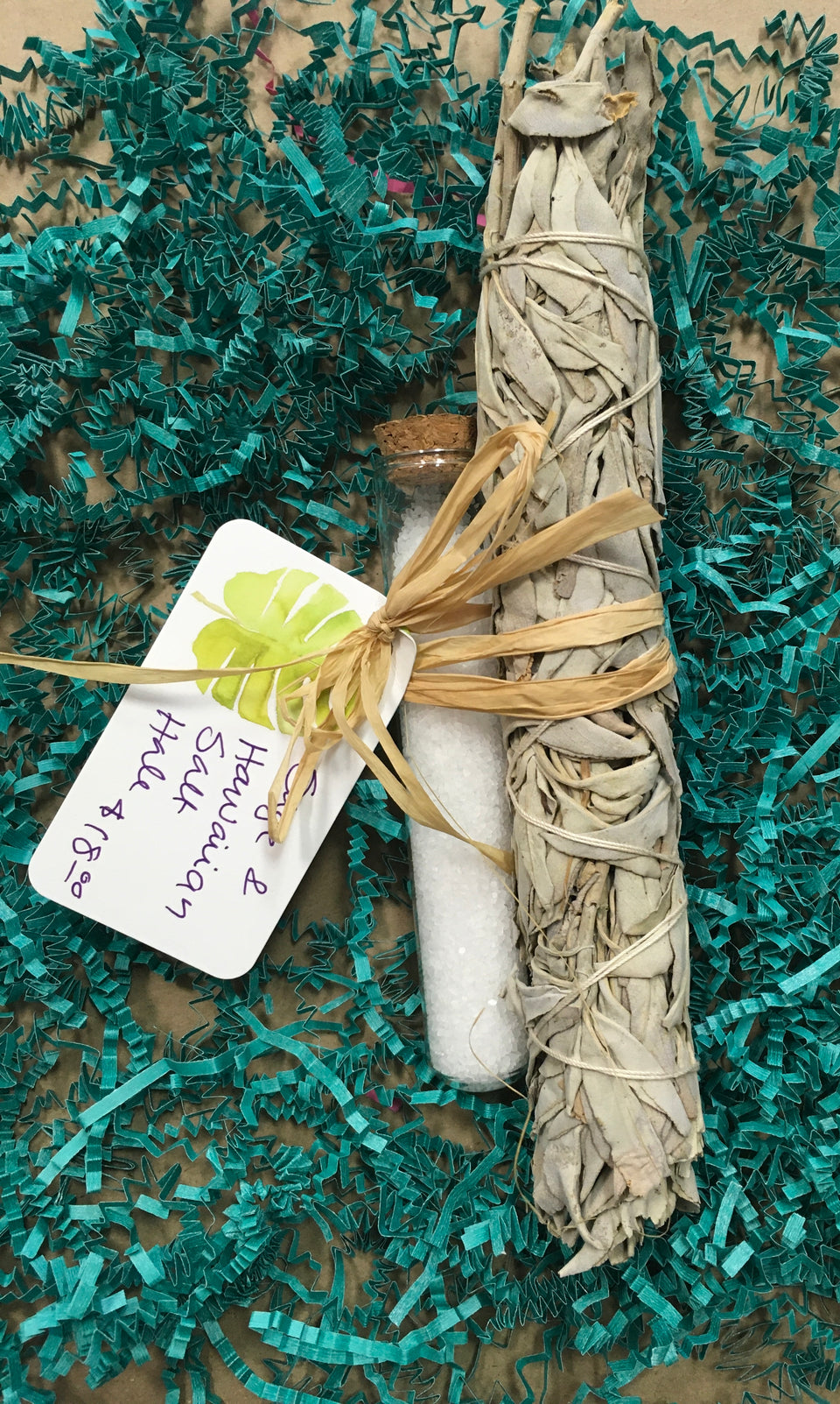 Hawaiian Salt in glass tube and sage