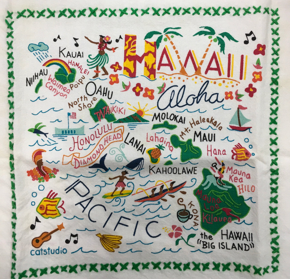 Close up of Hawaii print dishtowel with all the islands