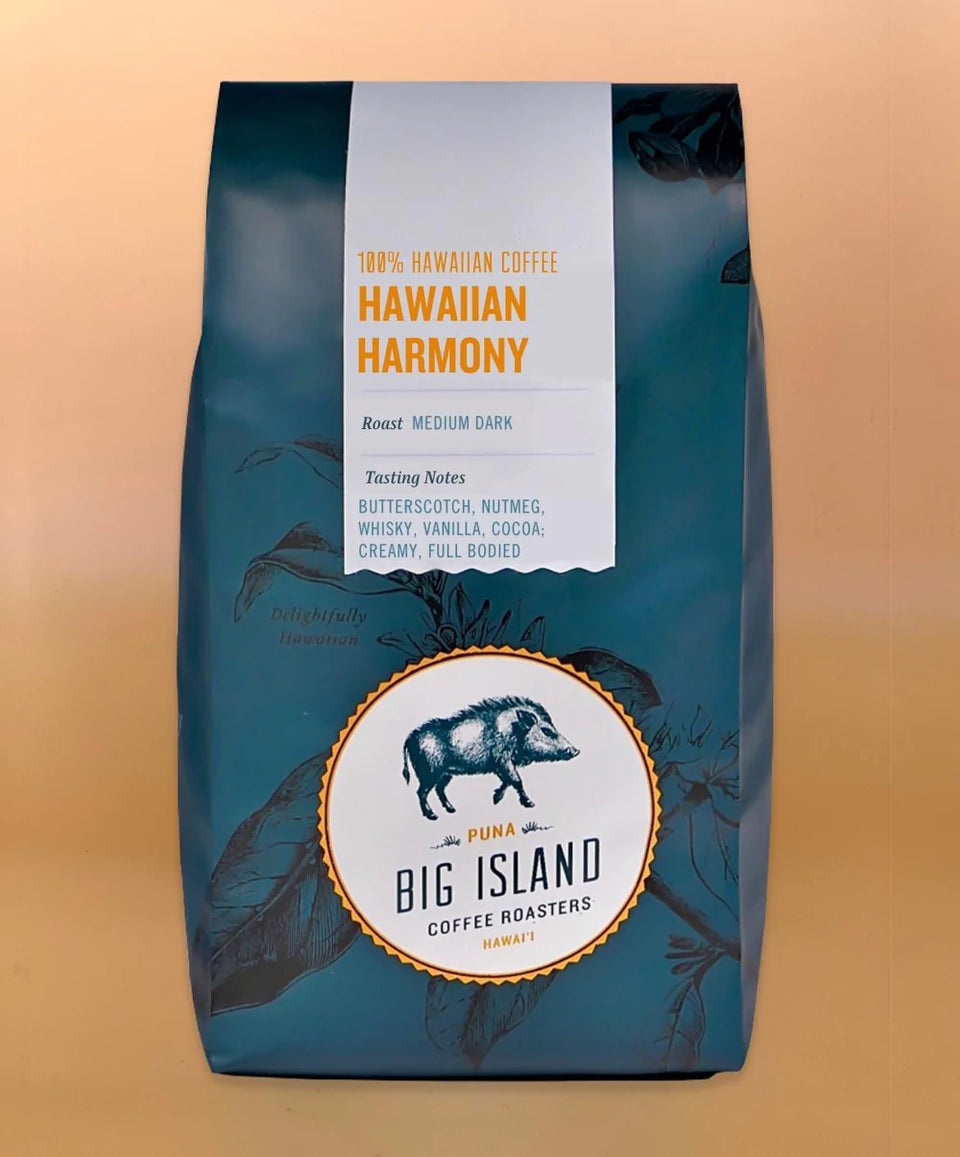 Bag of Hawaiian Harmony coffee with big island logo