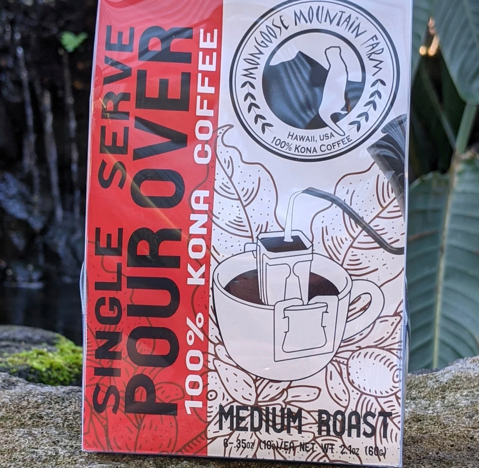 Red label package of medium roast pour over coffee.