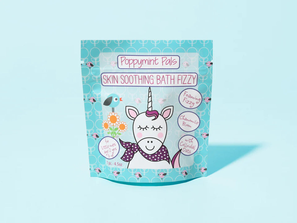 blue bag skin soothing bath fizzy bag with a unicorn on the front