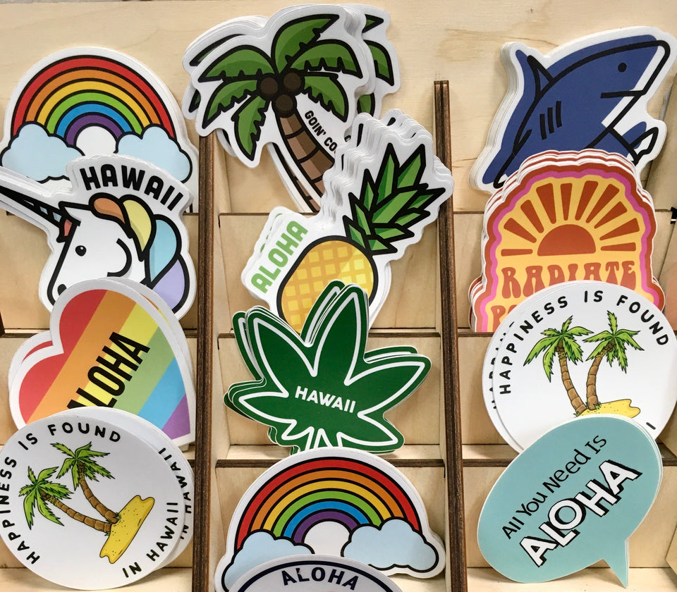 mix of hawaii stickers, palm trees, sharks, rainbows etc