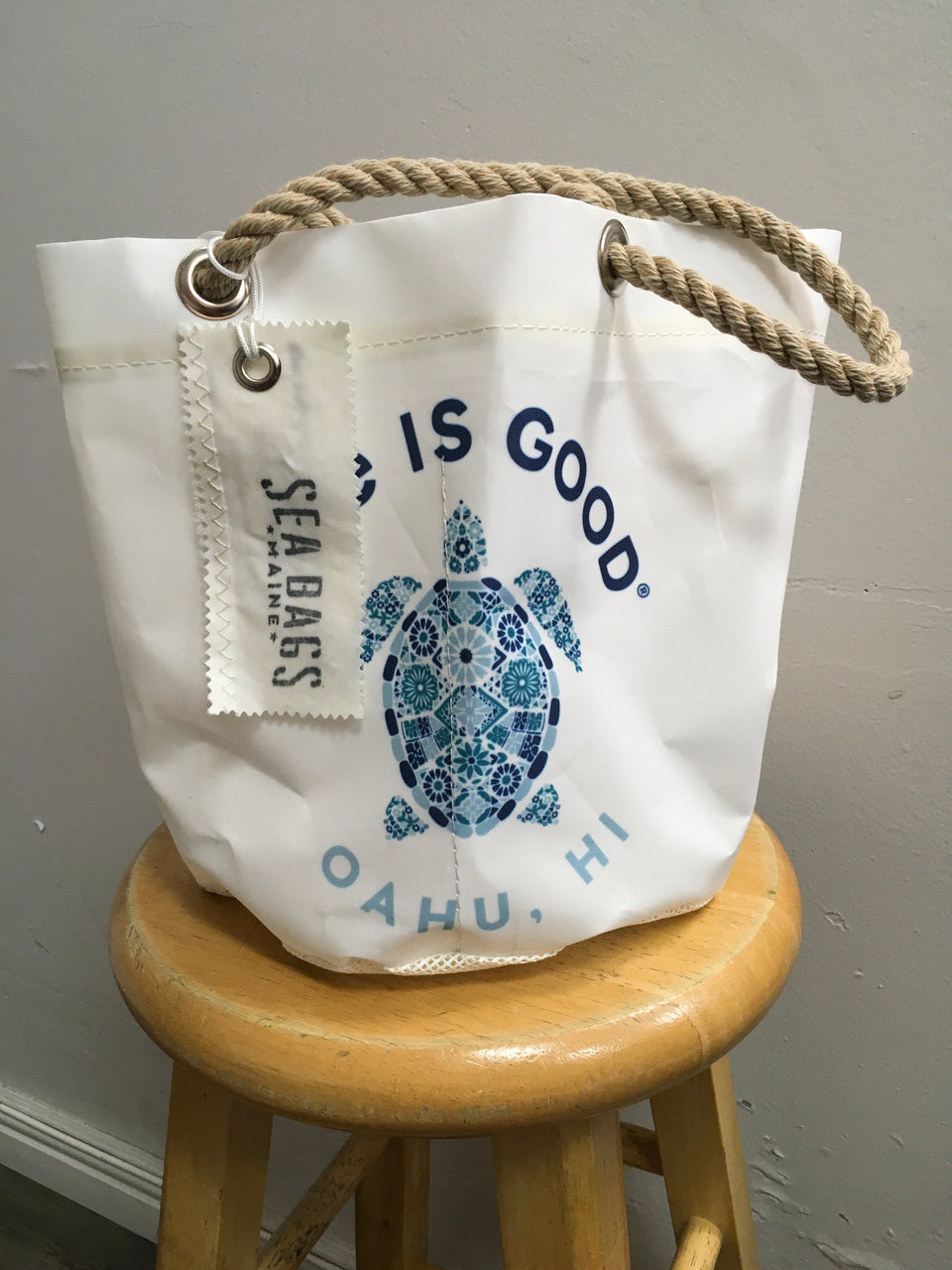 life is good tote bag with rope handles with turtle print