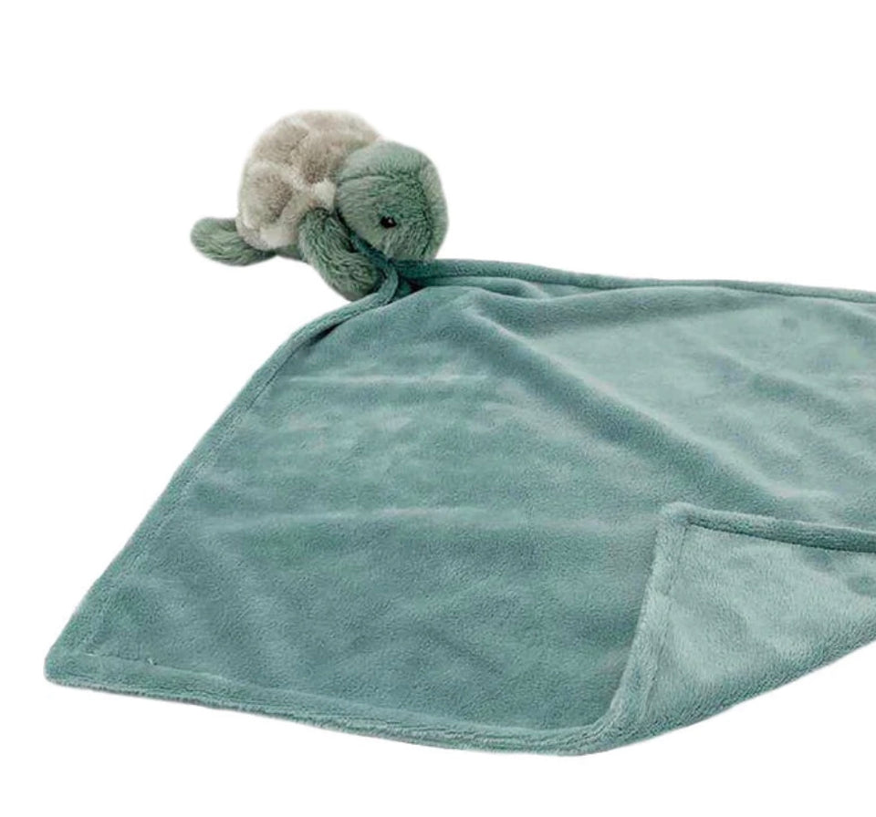 small stuffed turtle connected to small blanket