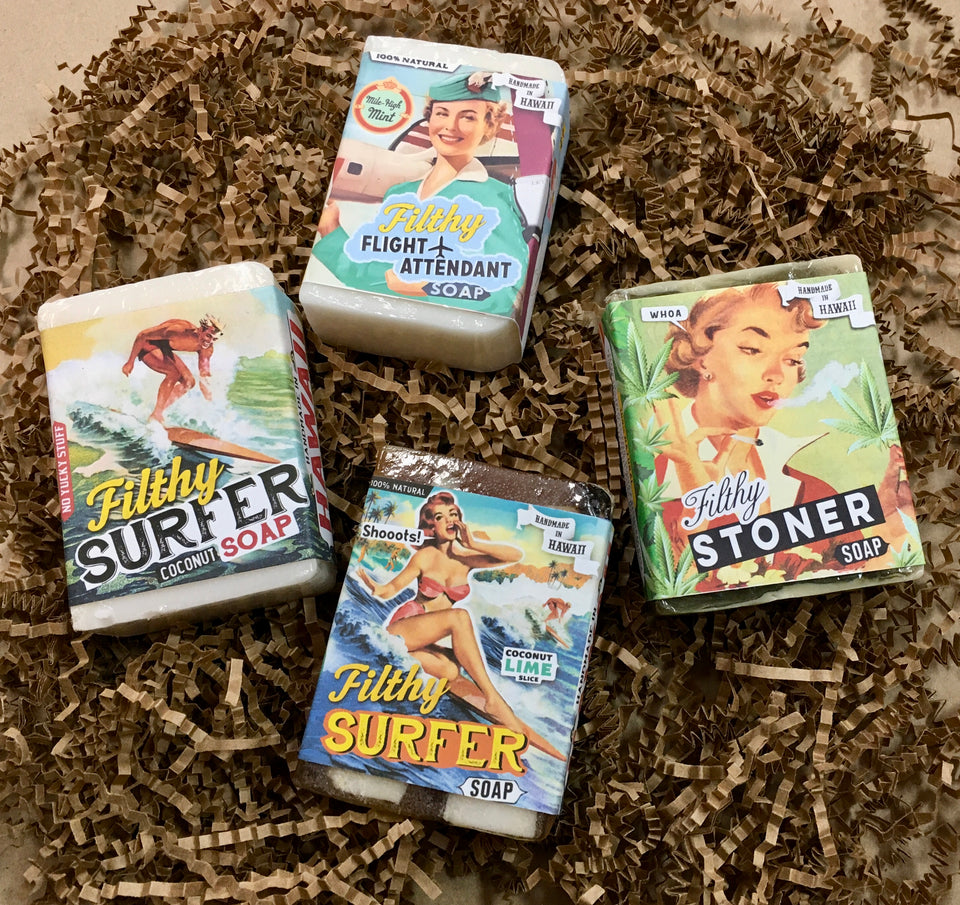 photo of four soaps filthy flight attendant, filthy surfer, filthy stoner 