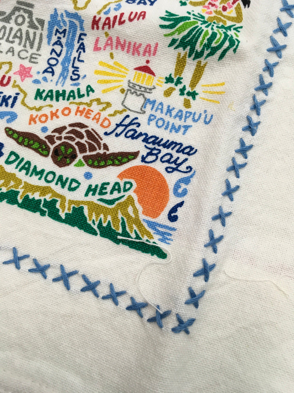 Close up of dishtowel print daimond head