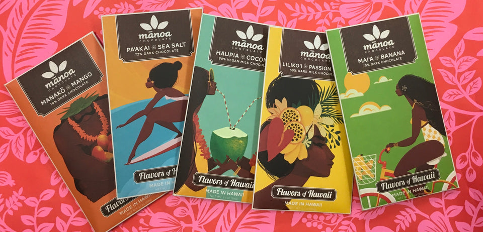 Close up of five bars of Manao Chocolate bars