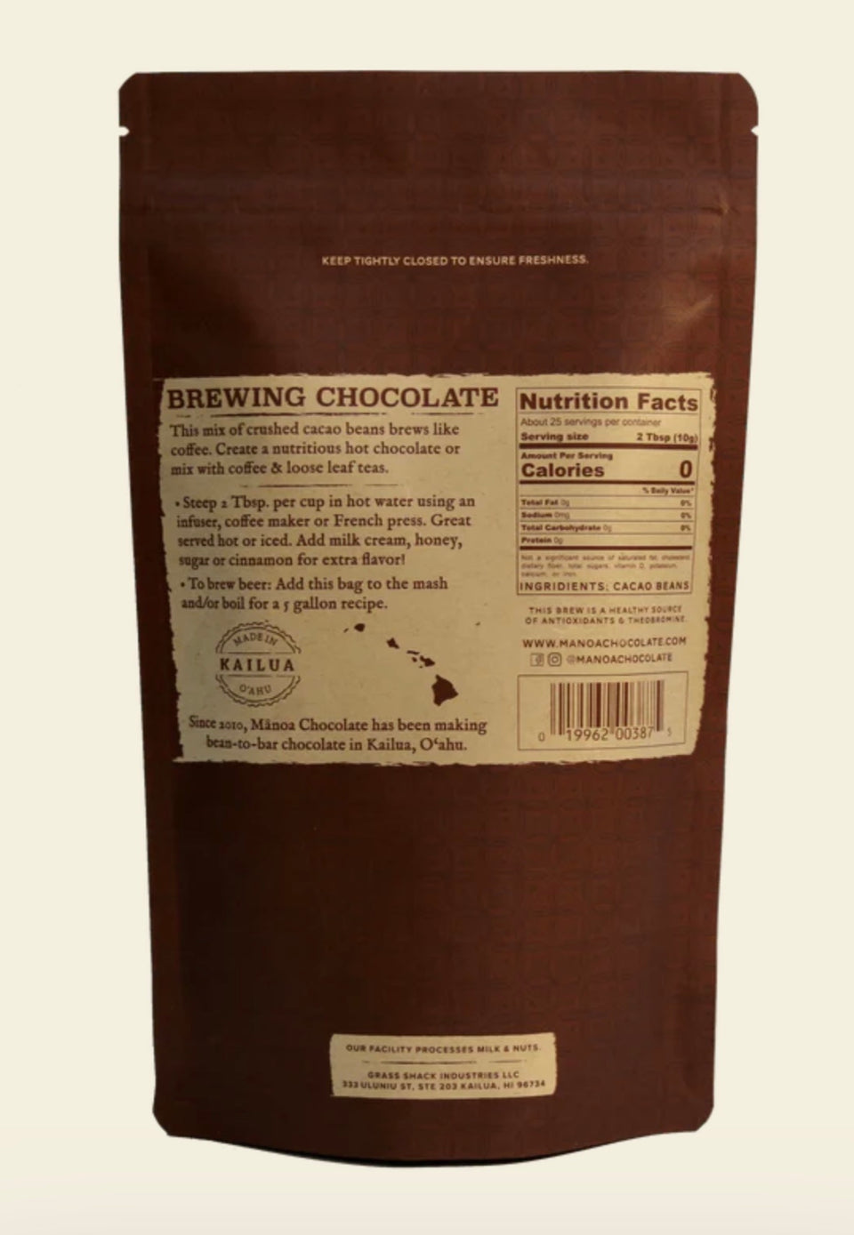 back label of brewing chocolate bag