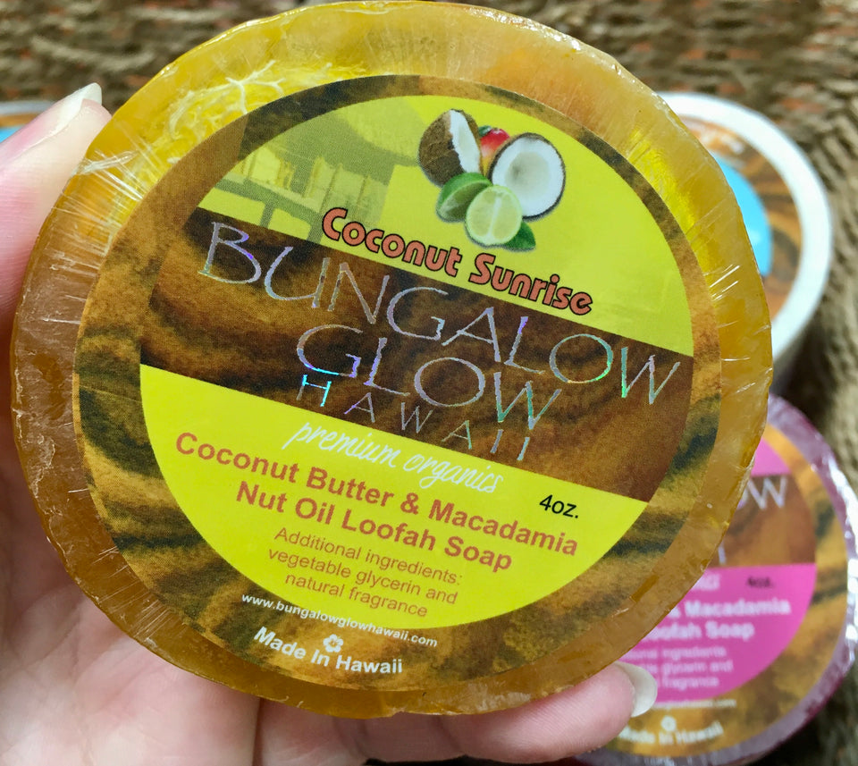 close up of Bungalow glow coconut sunrise soap