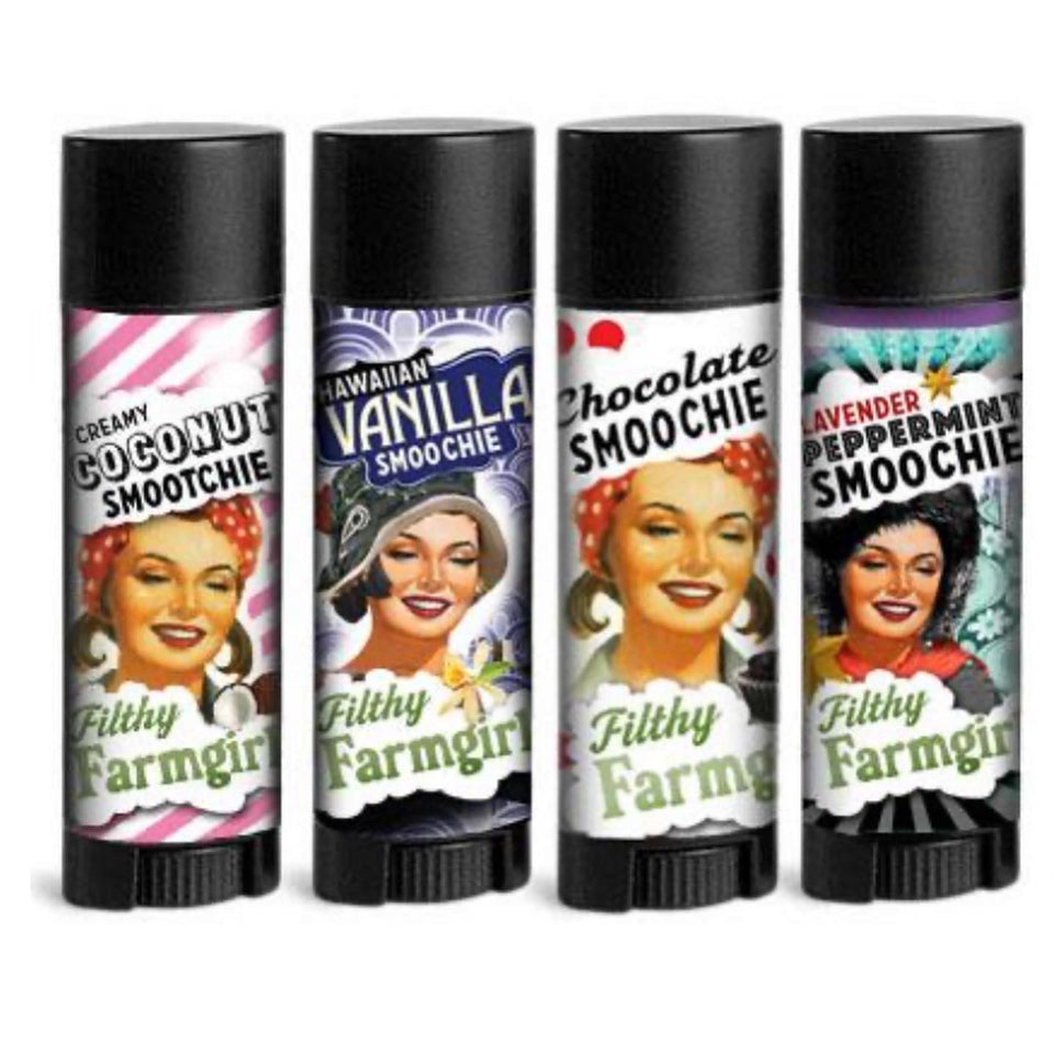 Photo of four flavors of filthy farm girl lip balm