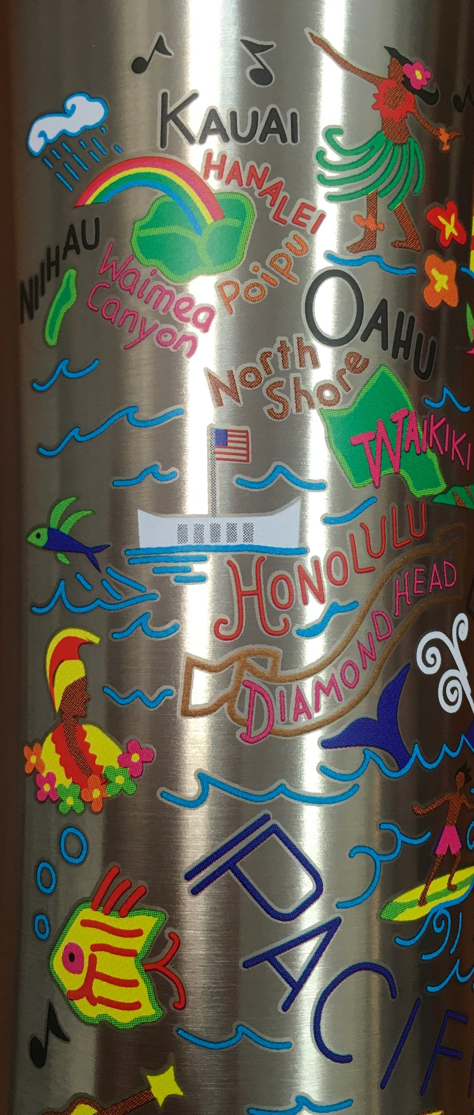 close up of water bottle with design details