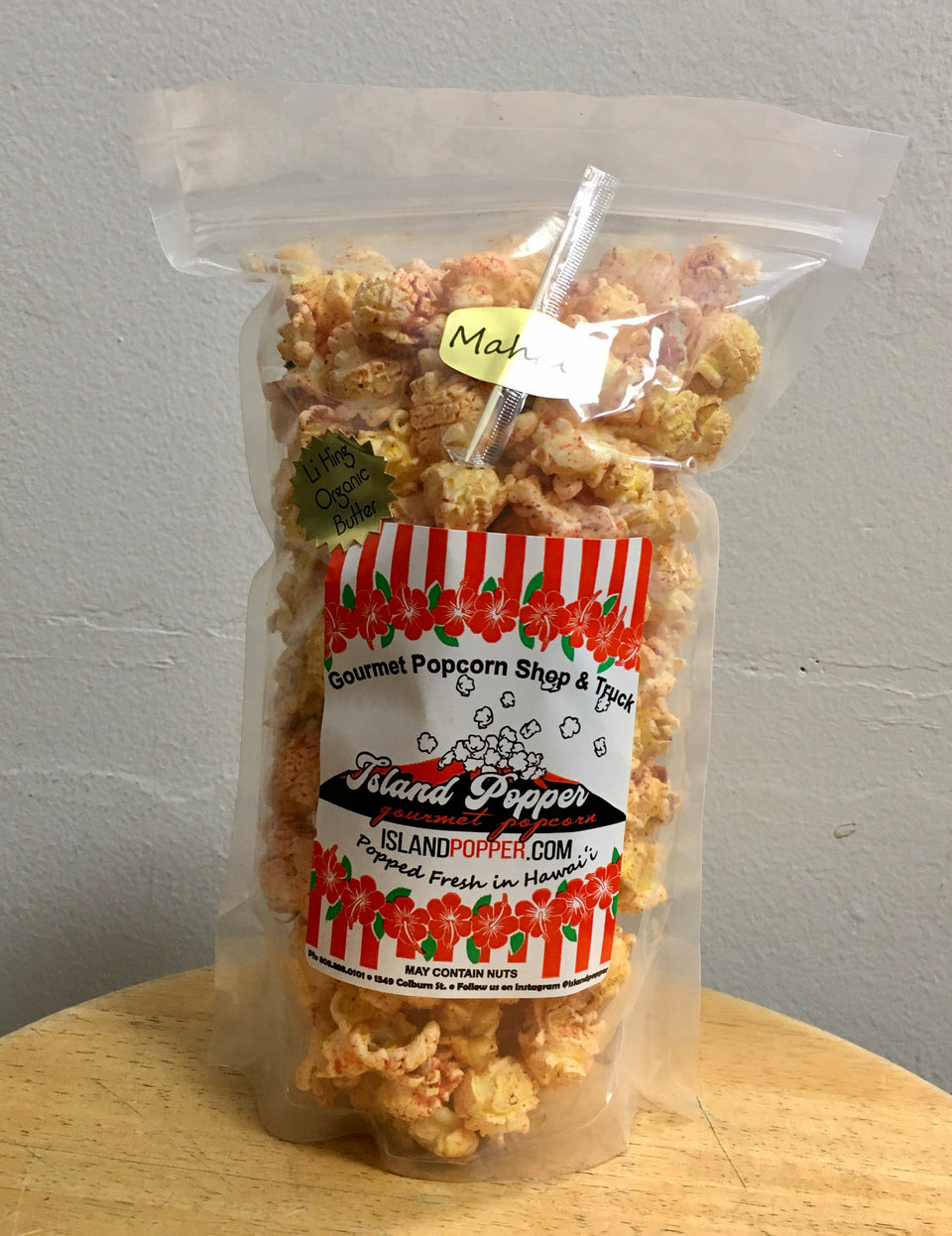 Close up of li hing mui popcorn bag