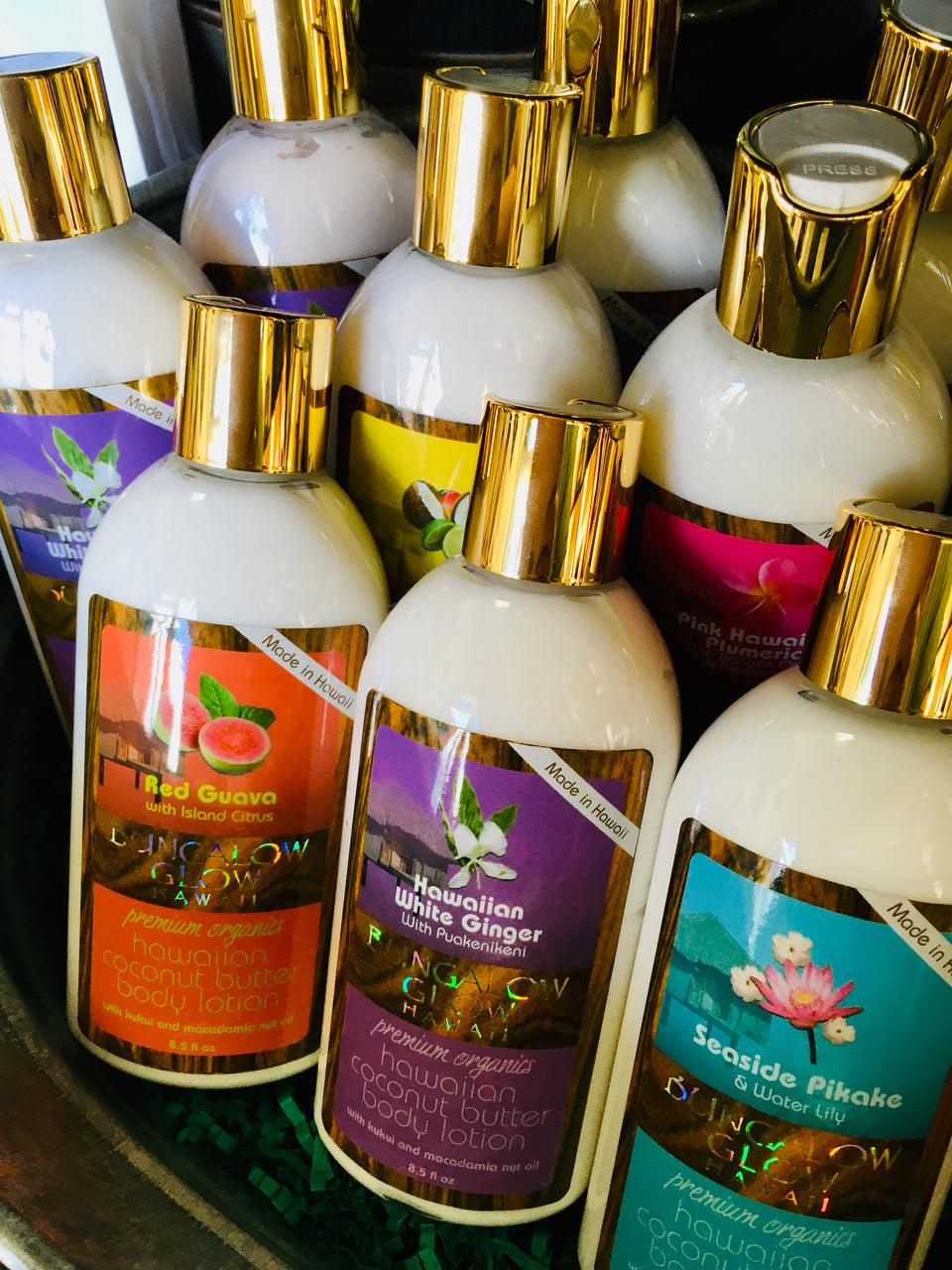 close up of hawaiian lotion bottles